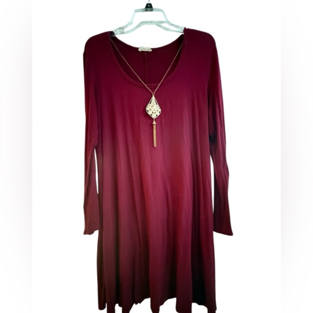 Pinc Burgundy Long sleeve A-line tunic dress 1x w/Attached Necklace Made in USA